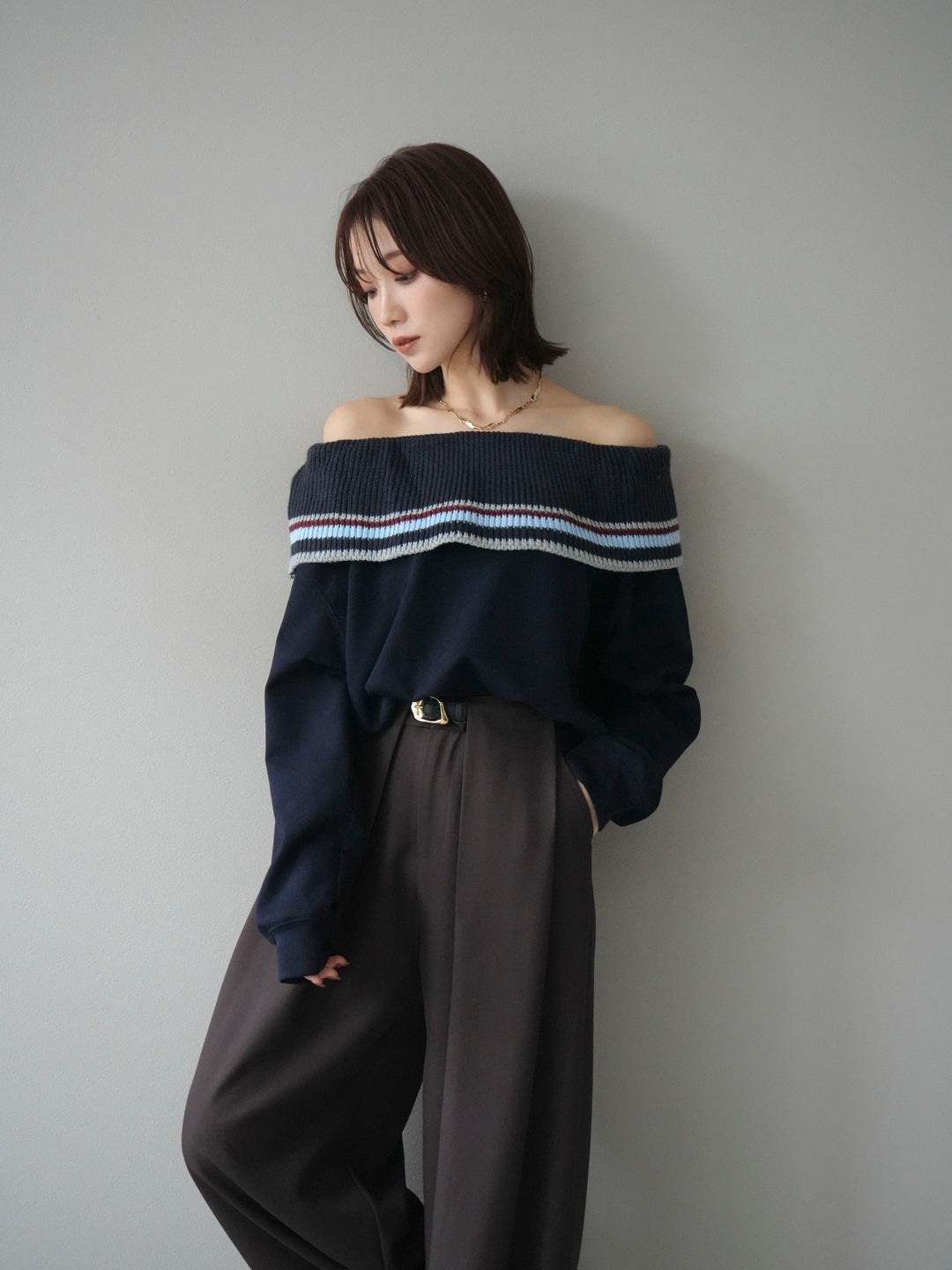 [予約]ボーダーニットオフショルダーxスウェットプルオーバー/navy
