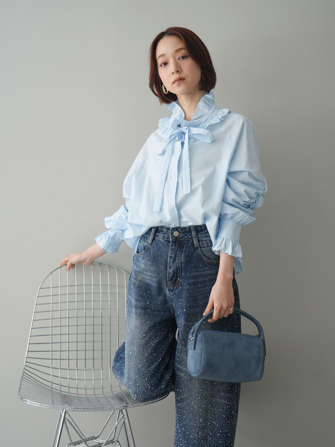 [予約]フリルネックギャザーブラウス/blue