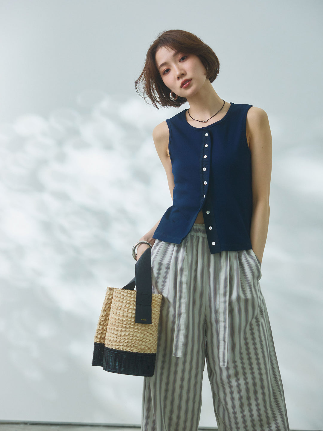 [予約]フロントボタンテレコリブタンクトップ/navy