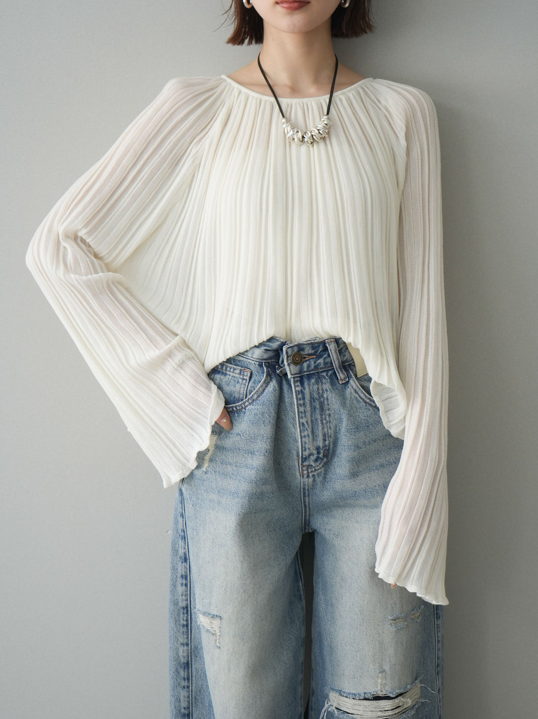 [SET]プリーツシアーフレアスリーブニットトップス+プリーツシアーフレアスリーブニットトップス(2set)