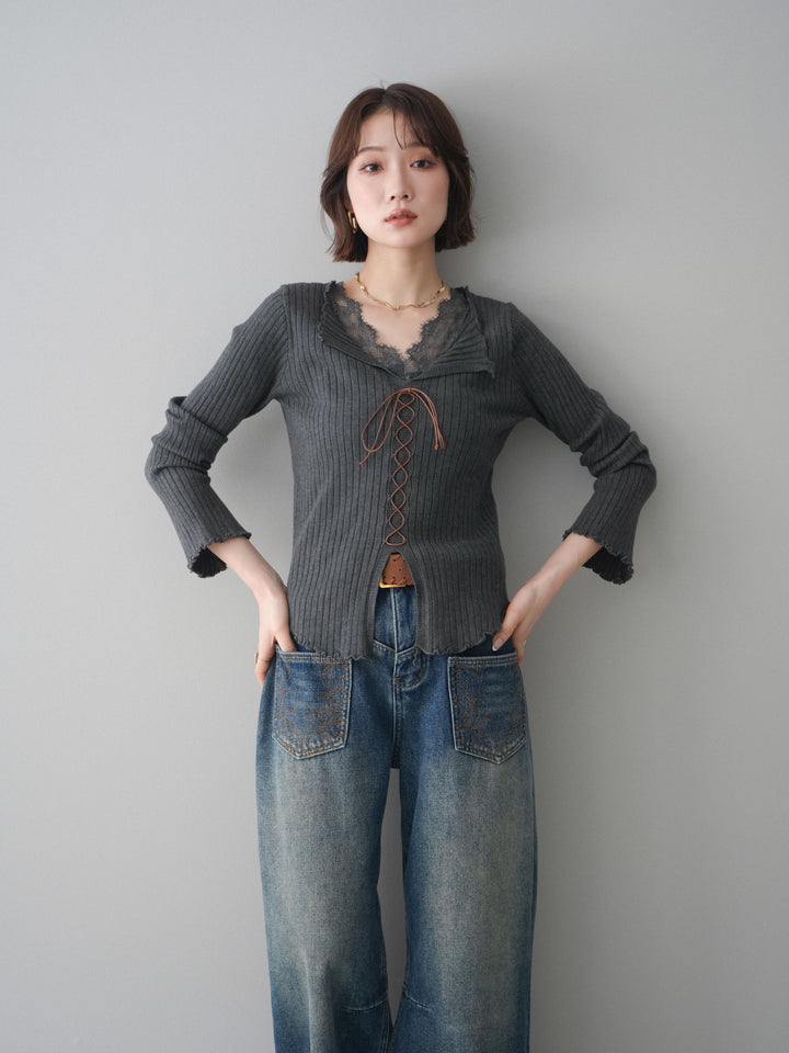 [予約]レースネックレースアップリブニットトップス/gray