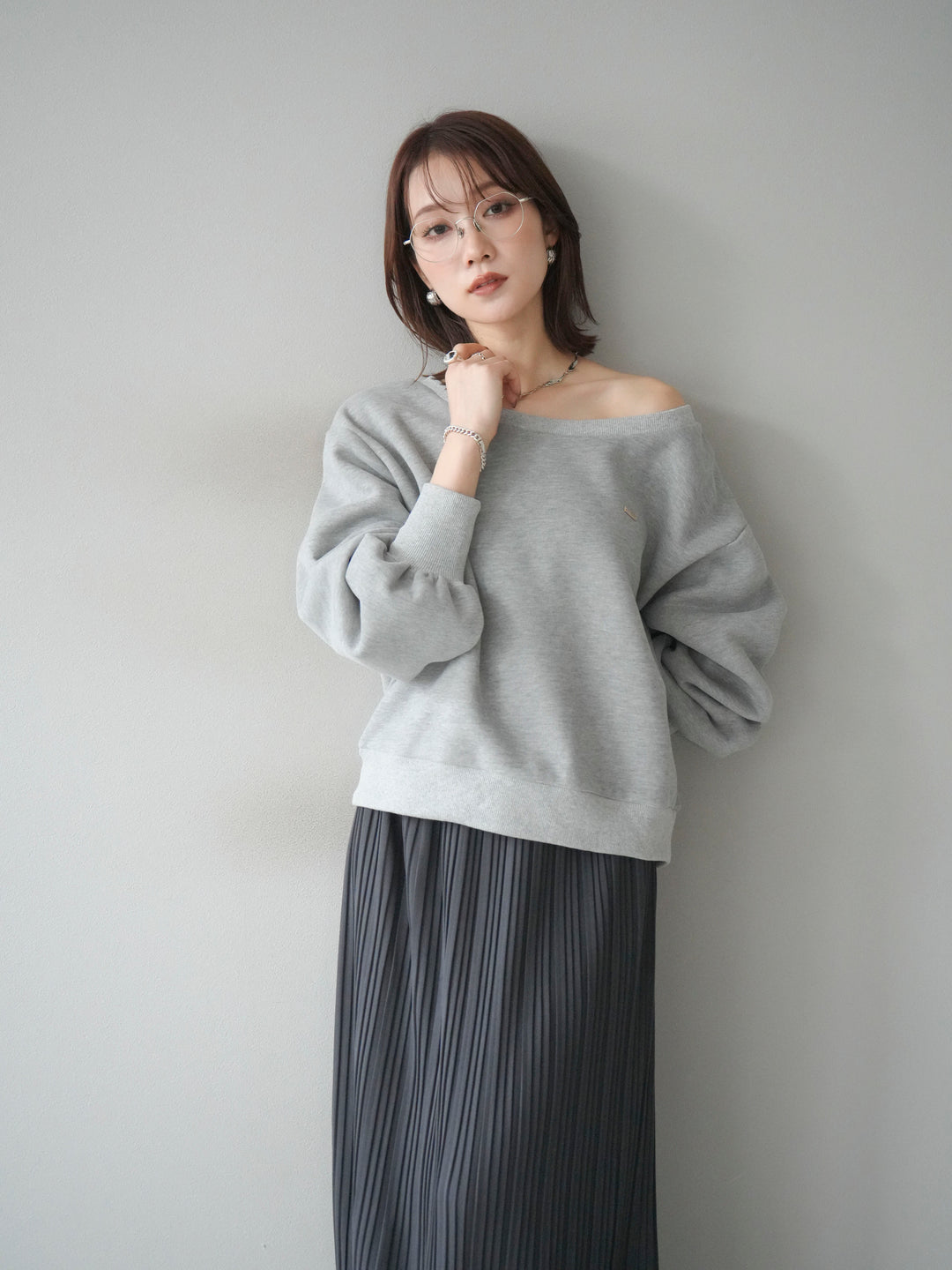 [予約]プレート付裏起毛ワンショルプルオーバー/mixgray