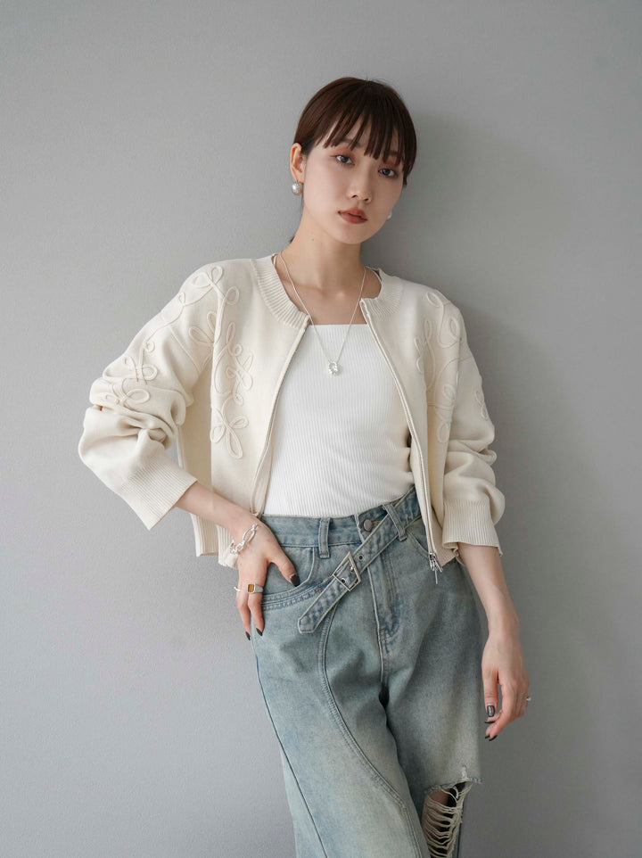 [SET]コード刺繍コットンニットジップカーディガン+ダブルストラップカットリブブラキャミソール+ベルトアシンメトリーダメージデニム(3set)