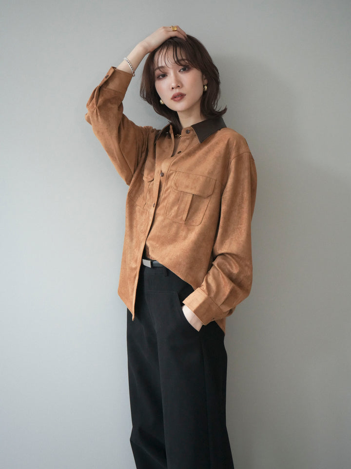 [予約]レザー襟スエードシャツ/camel