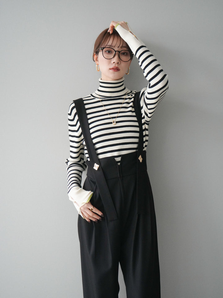 [SET]袖配色ハイネックボーダーリブニットトップス+袖配色ハイネックボーダーリブニットトップス(2set)