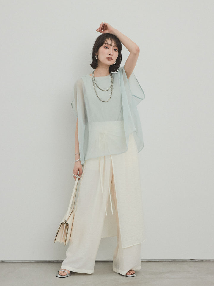 [SET]コンパクトスムースシアーレイヤードトップス+ワッシャーサテンレイヤードスカートパンツ(2set)