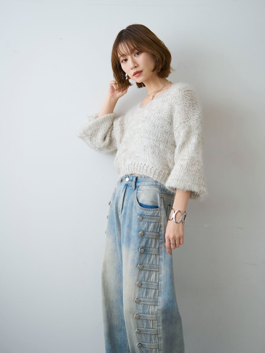 [SET]Vネックシャギークロップニットトップス+選べるアクセセット(2set)