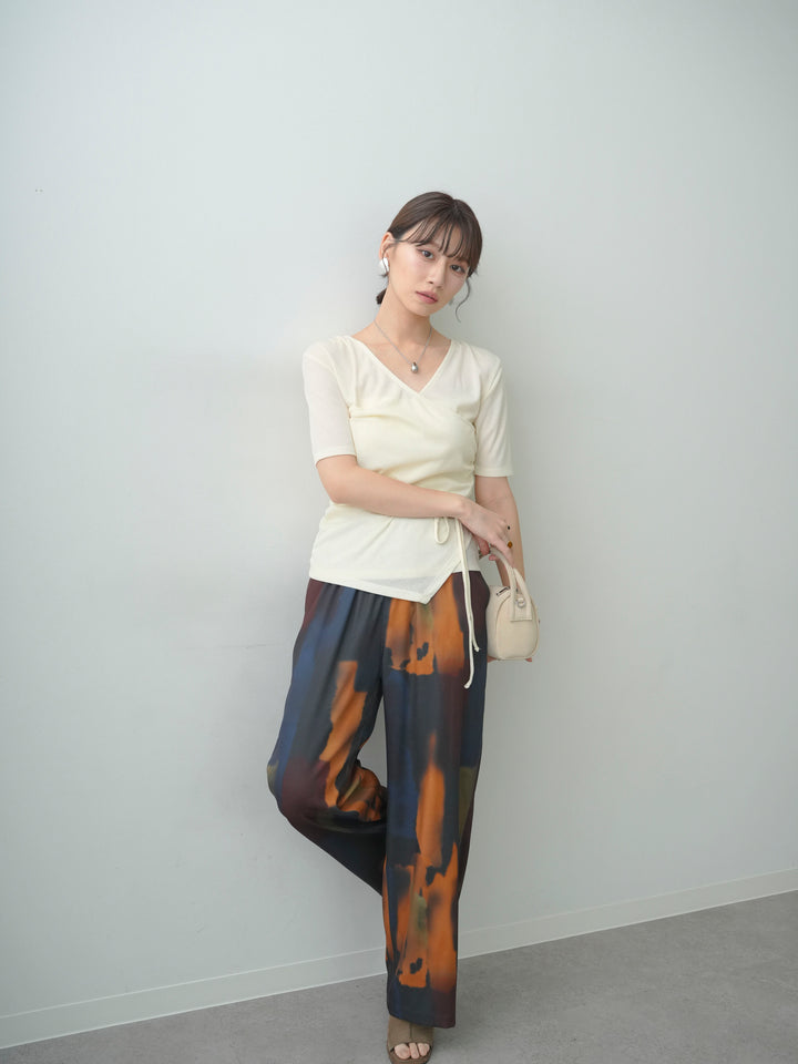 [SET]シアードレープカシュクールプルトップス+水彩柄ドレープイージーパンツ(2set)