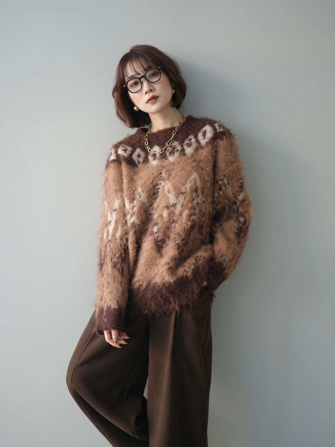[予約]シャギーニュアンス柄ニットプルオーバー/brown