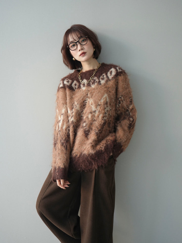 [予約]シャギーニュアンス柄ニットプルオーバー/brown