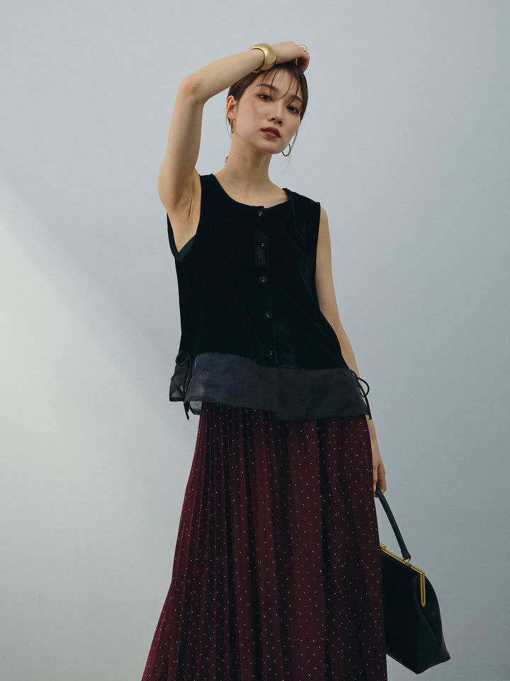 [予約]裾チュールベロアノースリーブプルオーバー/ブラック