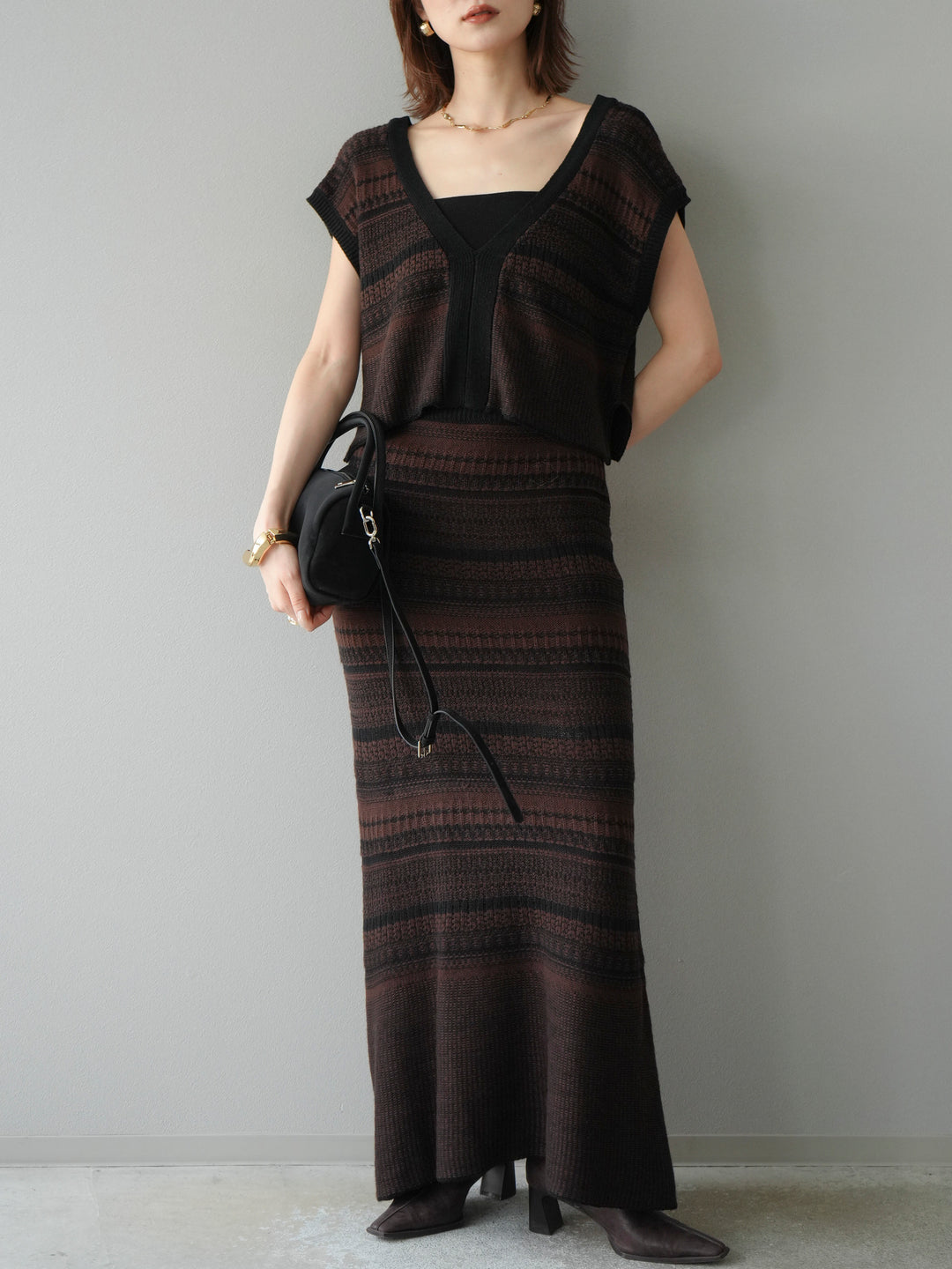 [予約]ガーター編み2WAYニットベスト/ブラウン×ブラック
