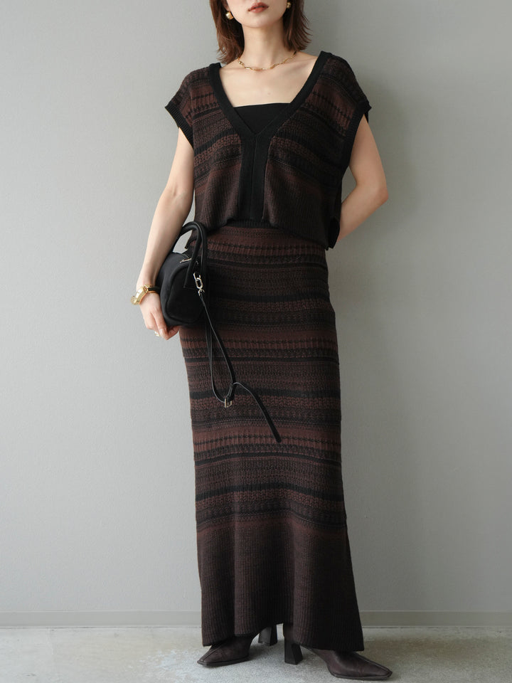 [予約]ガーター編み2WAYニットベスト/ブラウン×ブラック
