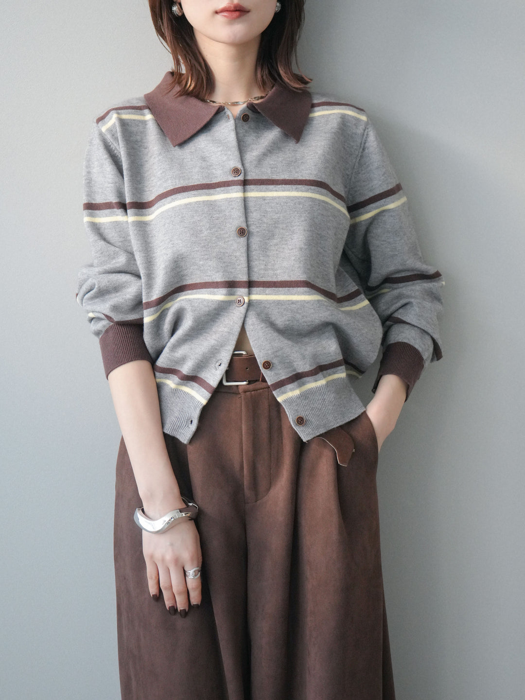 [予約]配色マルチボーダーポロニットカーディガン/gray