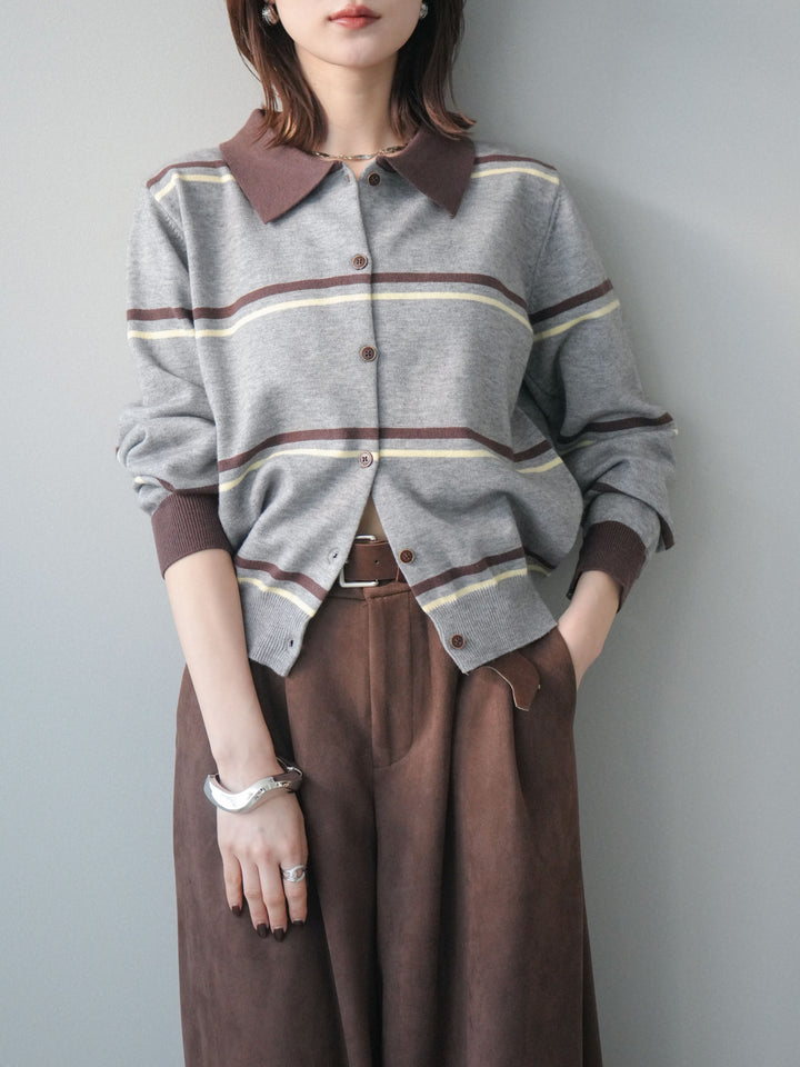 [予約]配色マルチボーダーポロニットカーディガン/gray