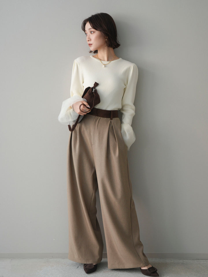 [予約]サテンベルトタックワイドパンツ/beige