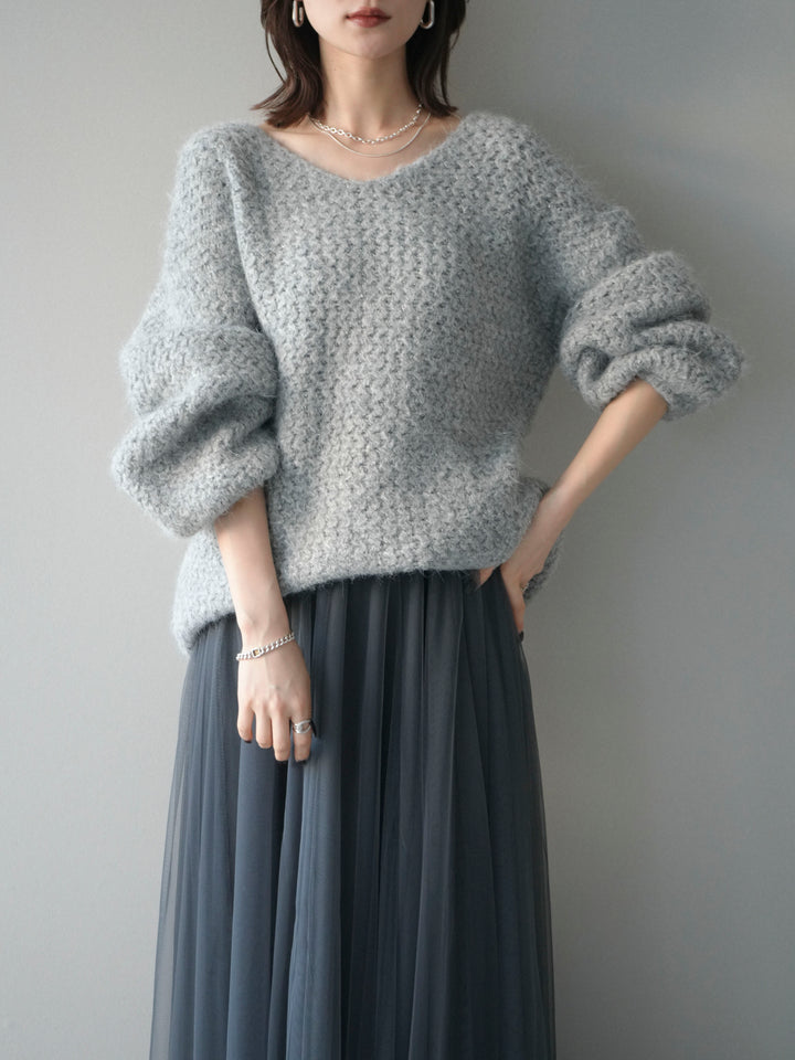 [予約]ウールタッチラメミックスヤーンVネックニットプルオーバー/lightgray