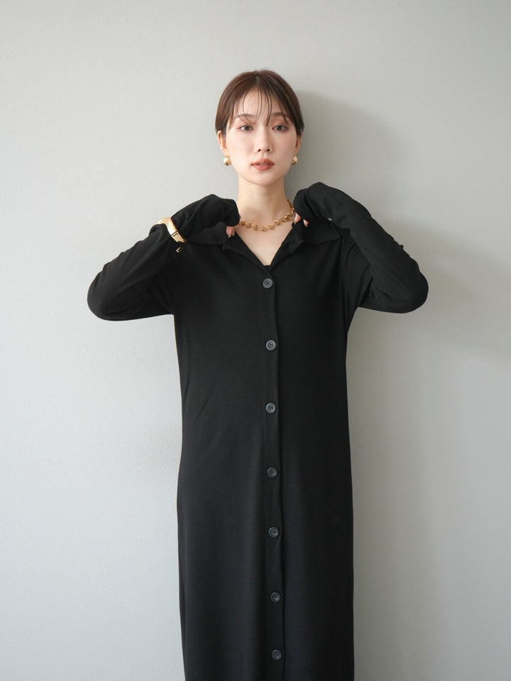 [予約]襟付きカットリブボタンワンピース/ブラック