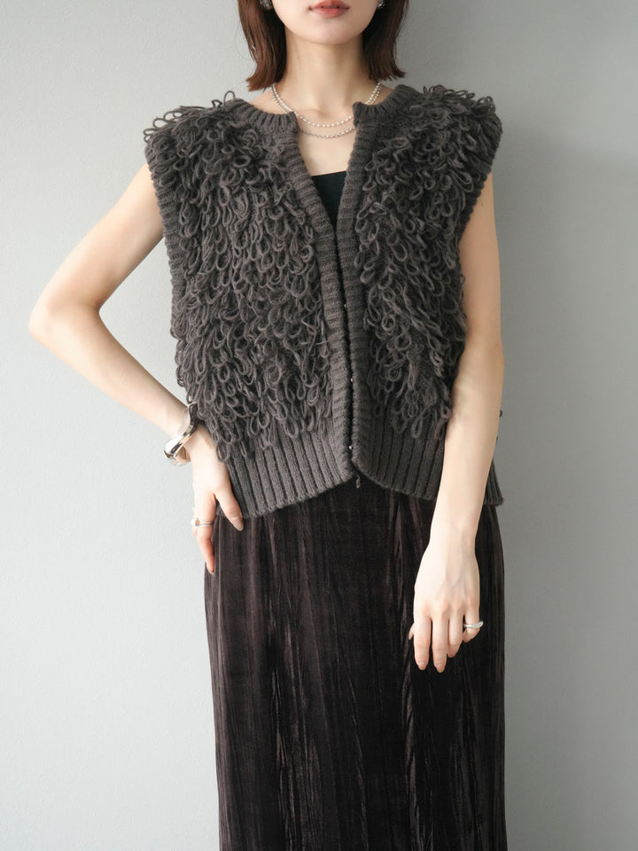 [SET]レザー襟オンブレチェックオーバーシャツ +ループデザインホックベスト +クラッシュベロアナロースカート(3set)