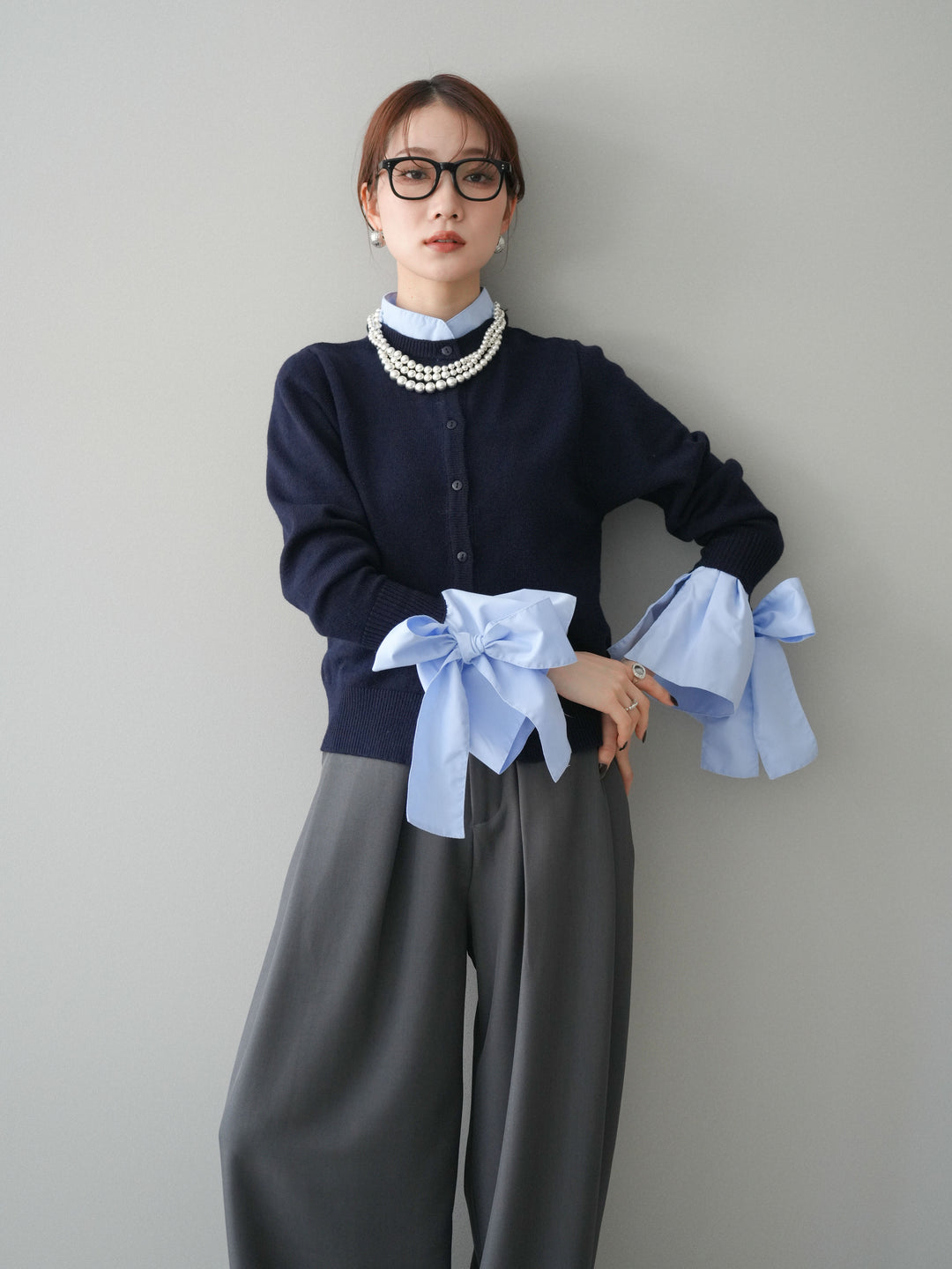 [予約]ウールライクリボンシャツカーディガン/navy