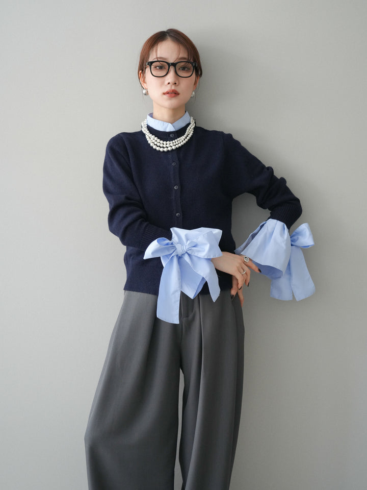 [予約]ウールライクリボンシャツカーディガン/navy