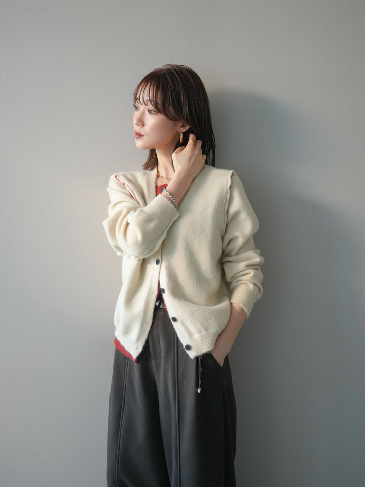 [予約]配色レイヤードニットカーディガン/ apricot