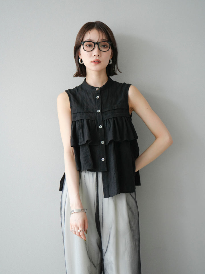 [SET]ドビーストライプアシンメトリーフリルノースリブラウス+コード刺繍チュールレイヤードパンツ+リネンライクイージーワイドパンツ(3set)