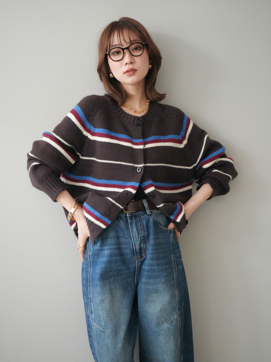 [SET]ランダムボーダーニットカーディガン+デザインステッチカーブデニムパンツ(2set)