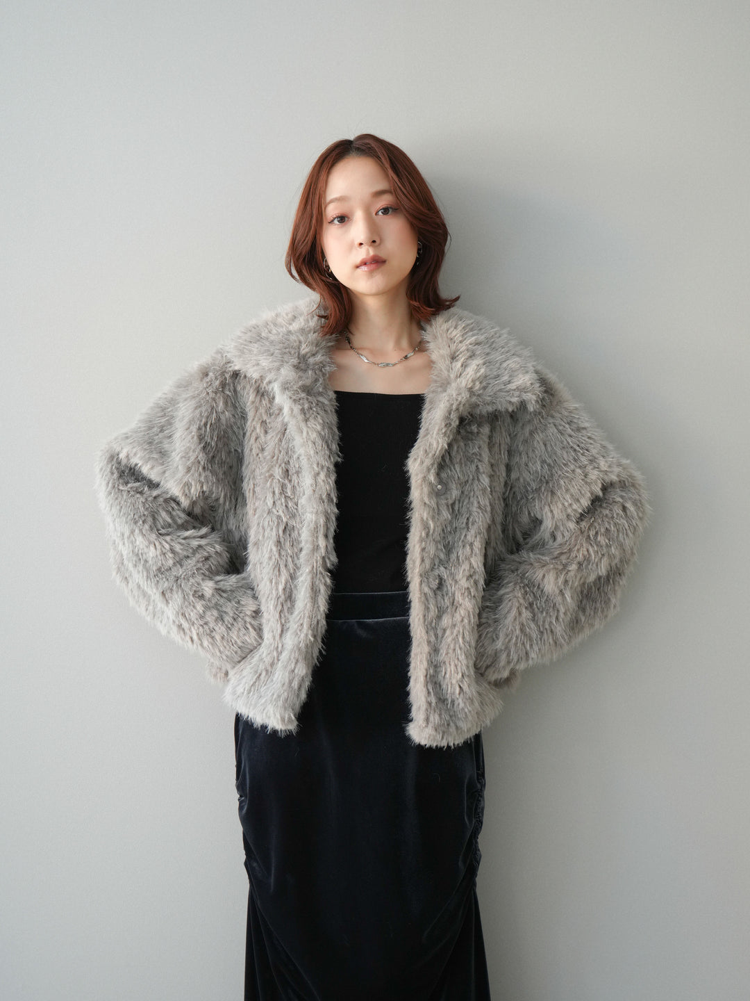 [SET]フェイクファー襟付きショートブルゾン+ギャザーベロアスカート(2set)