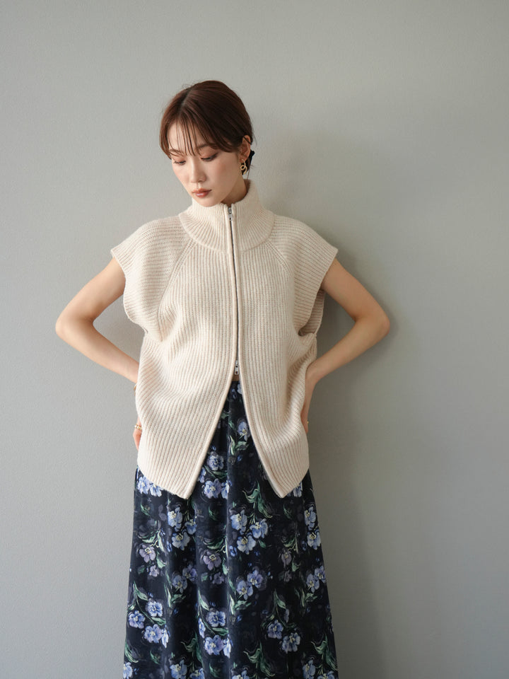 [予約]ダブルZIPハイネック畦編みニットベスト/オートミール