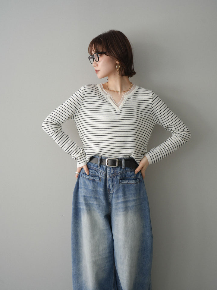 [SET]チュールレイヤードデザインボーダーニットトップス+チュールレイヤードデザインボーダーニットトップス(2set)