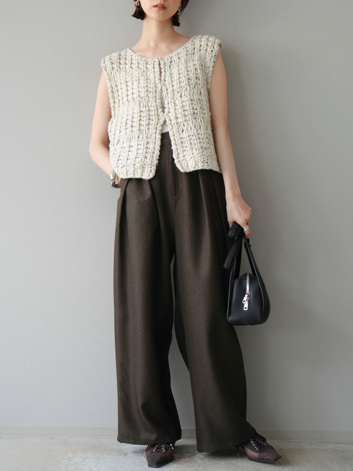 [予約]レザーパイピングタックワイドパンツ/ブラウン