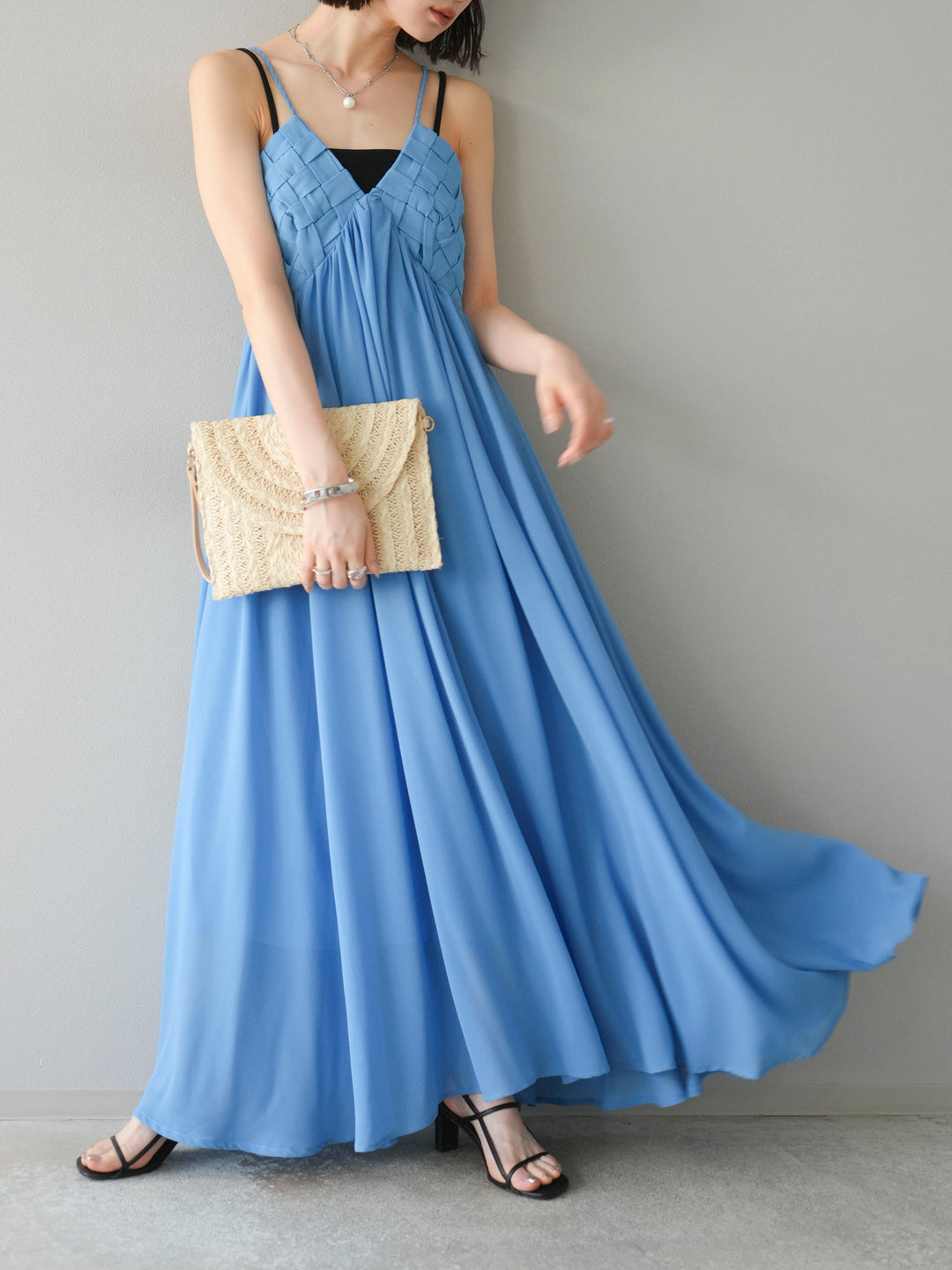 [SET]編み込みデザインシフォンワンピース+カップ付テレコリブベアキャミソール(2set)