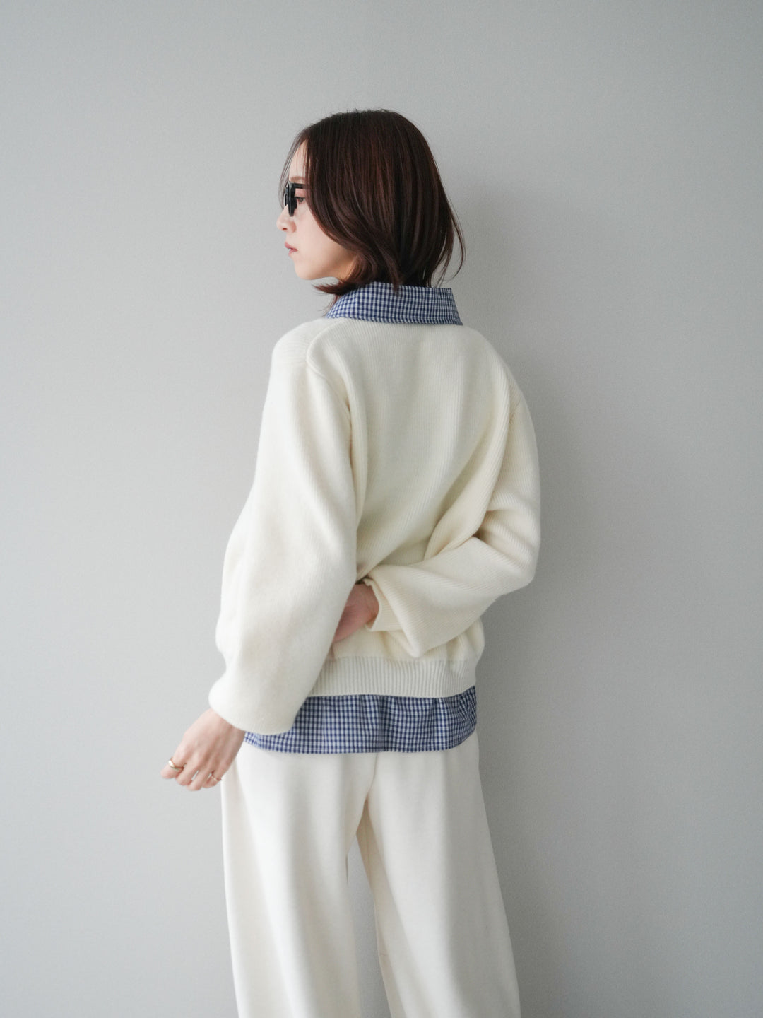 [SET]チェックシャツ襟ニットカーディガン+編み込みベルト付きウエスト配色スエットパンツ(2set)