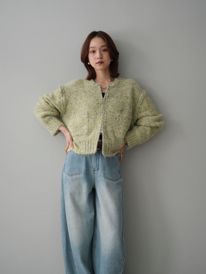[SET]ミックスヤーンダブルZIPニットカーディガン+ベルト付裏起毛カーブデニムパンツ(2set)