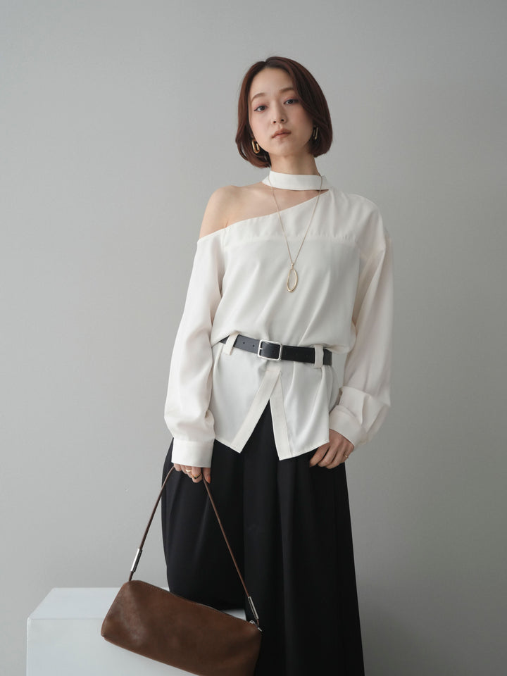 [SET]ベルト付ワンショルダースリットブラウス+編み込みベルト付タックワイドパンツ(2set)