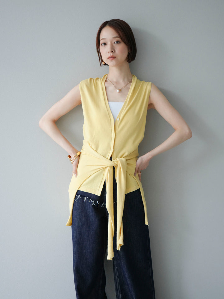 [SET]腰巻きデザインノースリーブニットカーディガン+ヒップデザインデニムパンツ(2set)