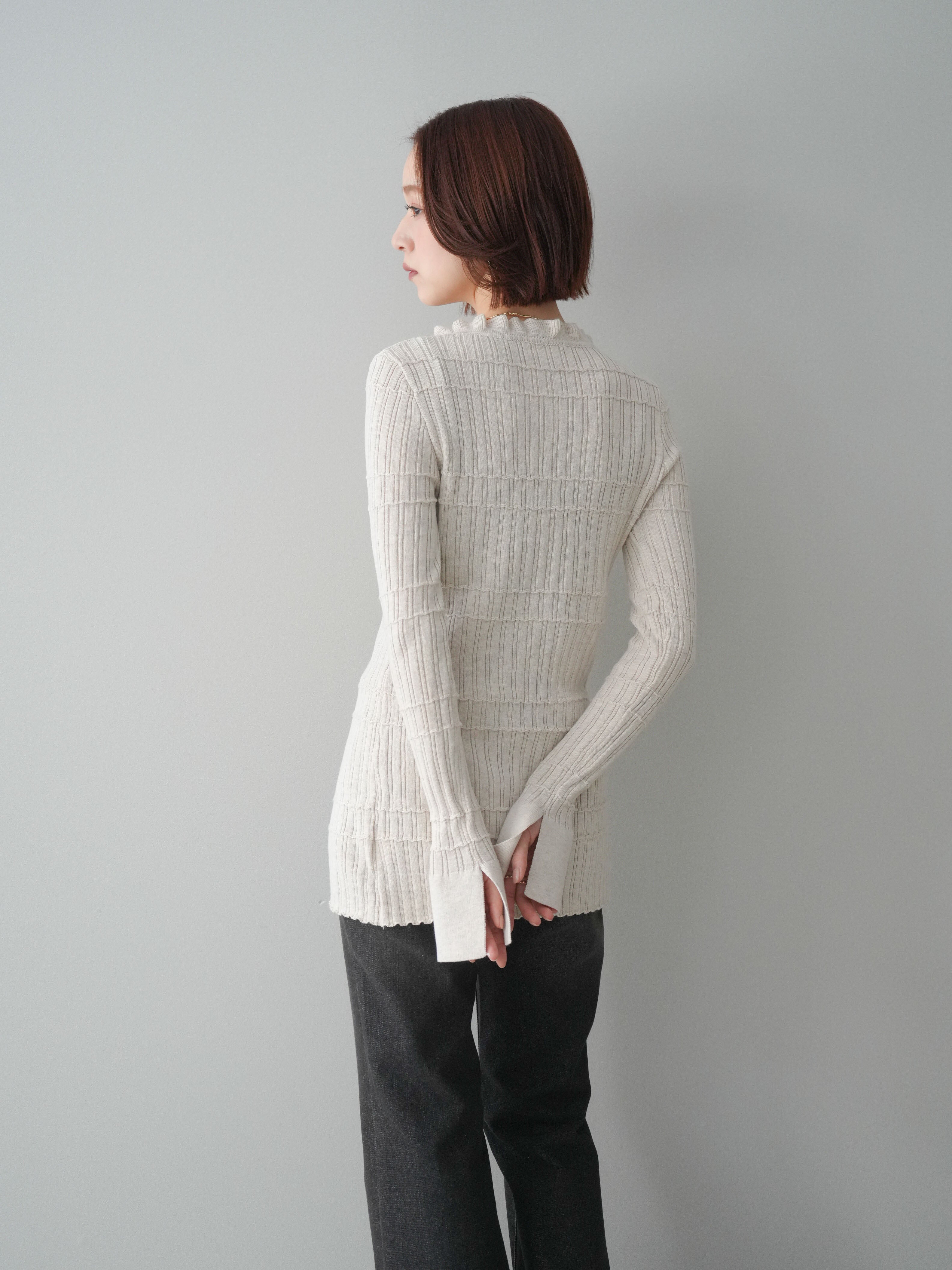 SET]フロントフリルリブニットカーディガン+フレアデニムパンツ(2set