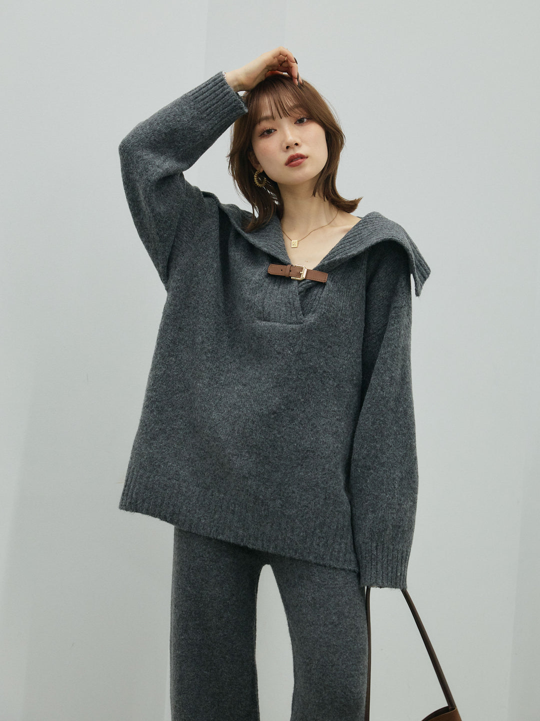 [SET]ベルトデザインポロニット&ニットパンツSET UP