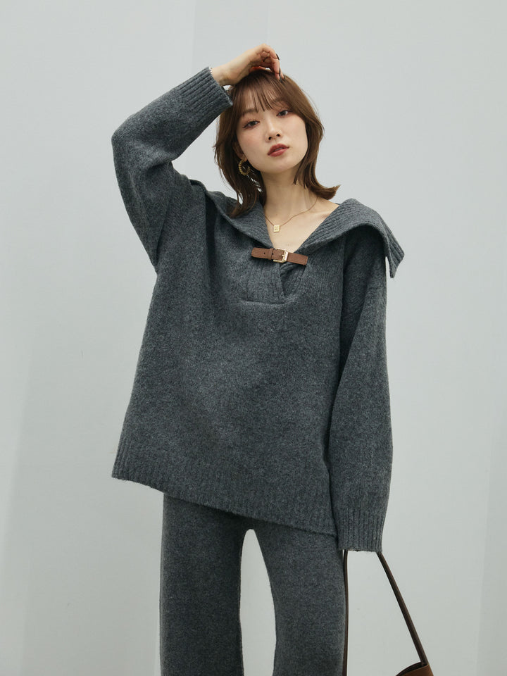 [SET]ベルトデザインポロニット&ニットパンツSET UP