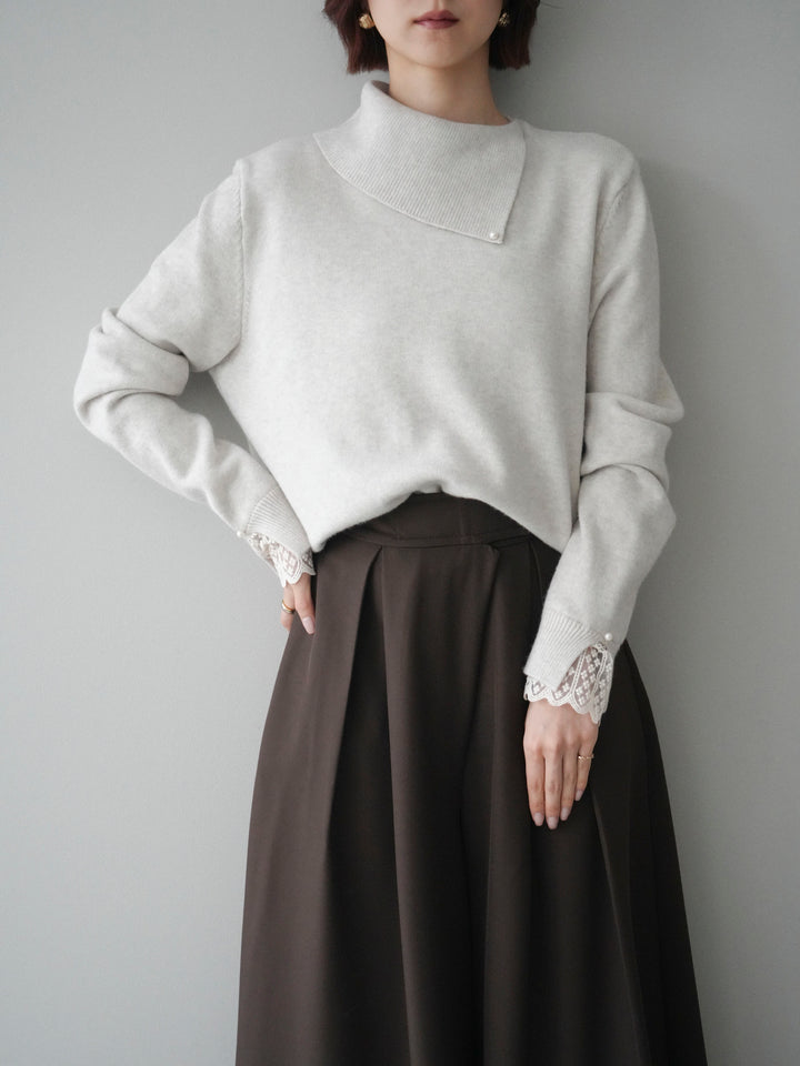 [SET]袖レースパール付き配色ニットトップス+テープベルトタックバギーパンツ(2set)