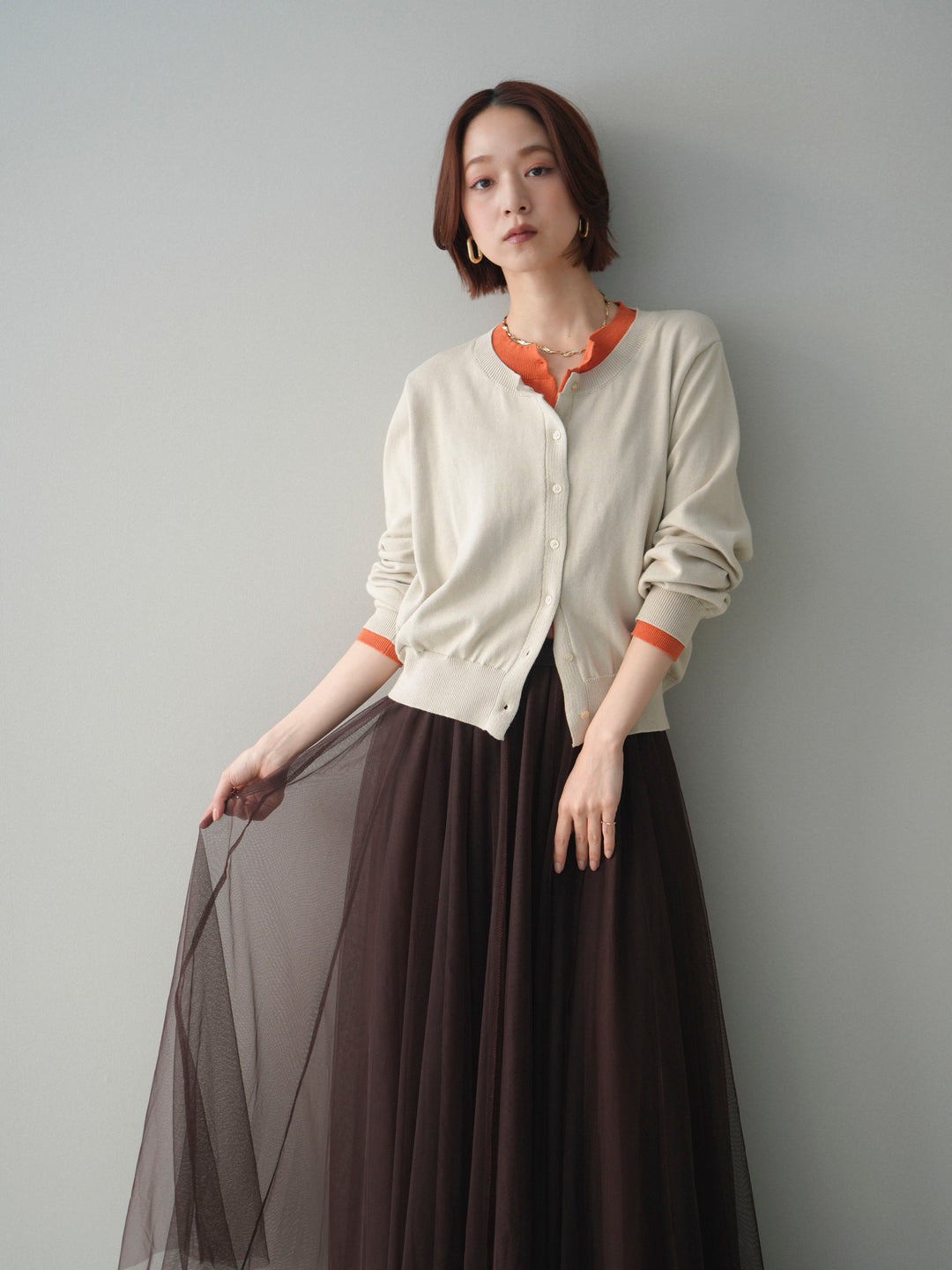 [予約]配色レイヤードコットンアクリルニットカーディガン/ivory