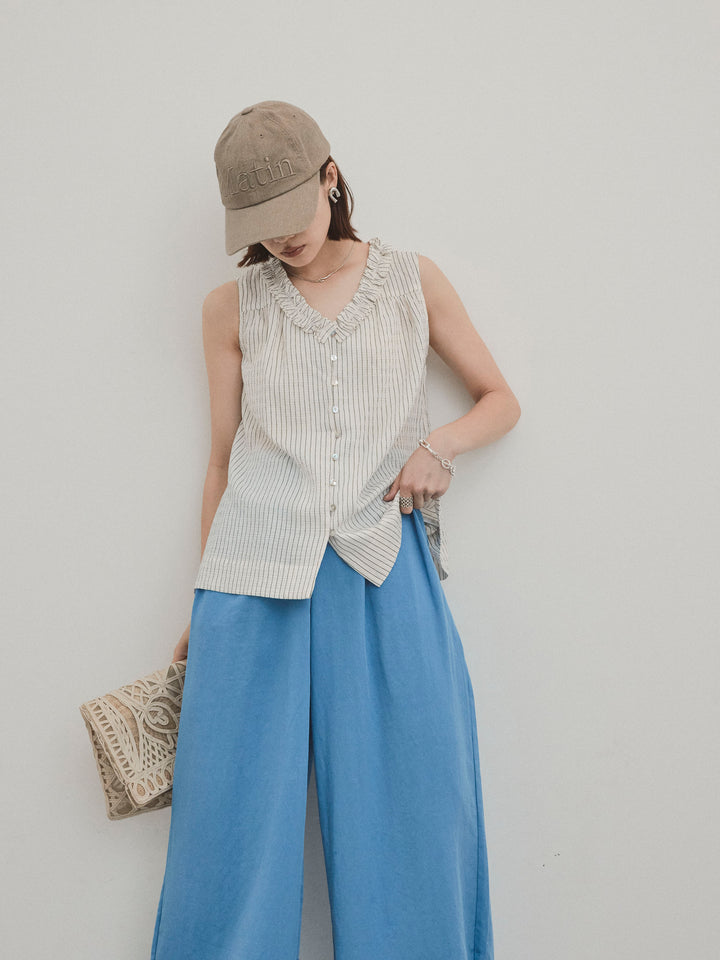 [SET] 條紋荷葉邊襯衫 + 亞麻觸感褶皺寬褲 (2 件套)