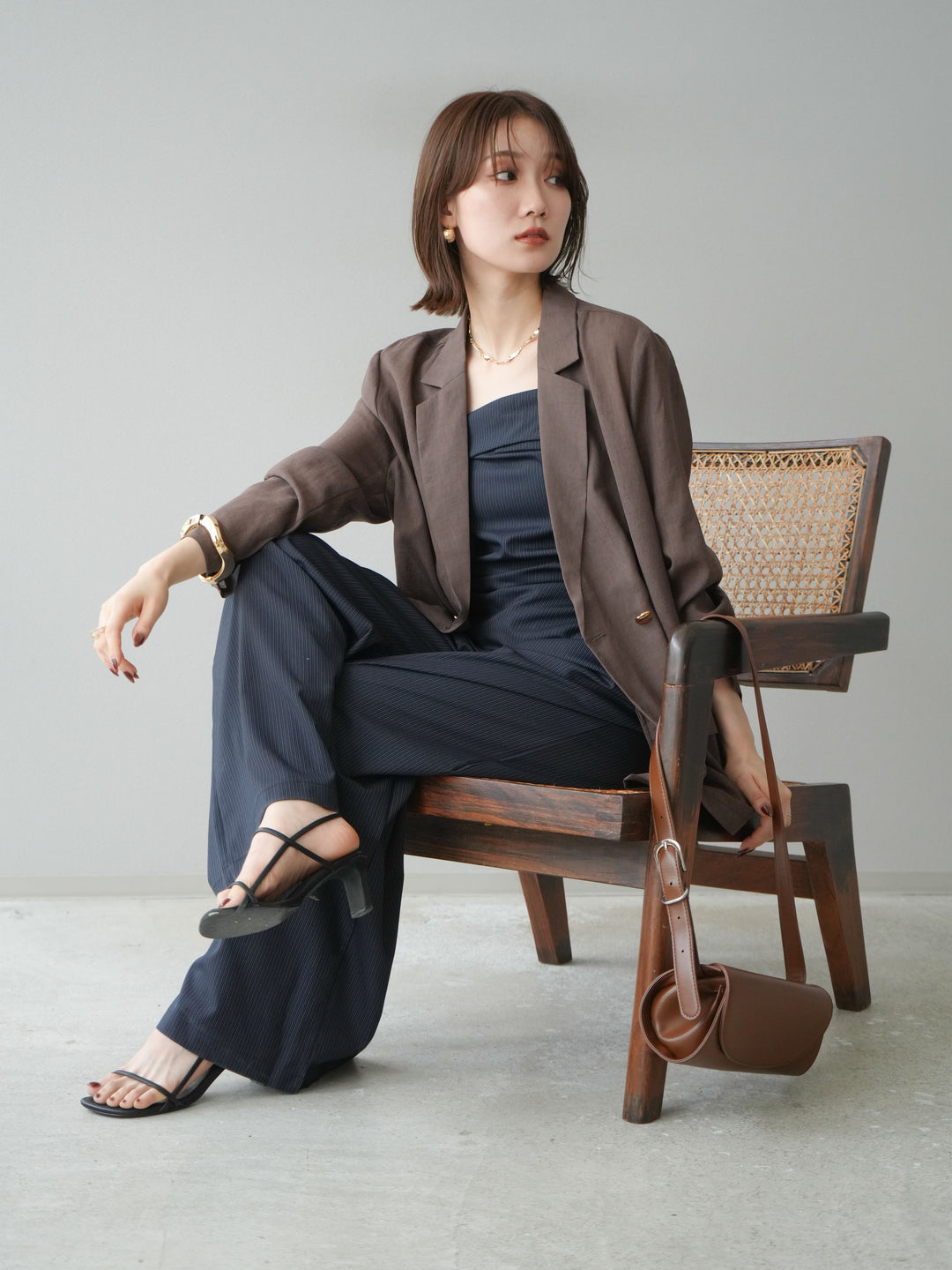 [預購] 金色紐扣透視夾克/棕色