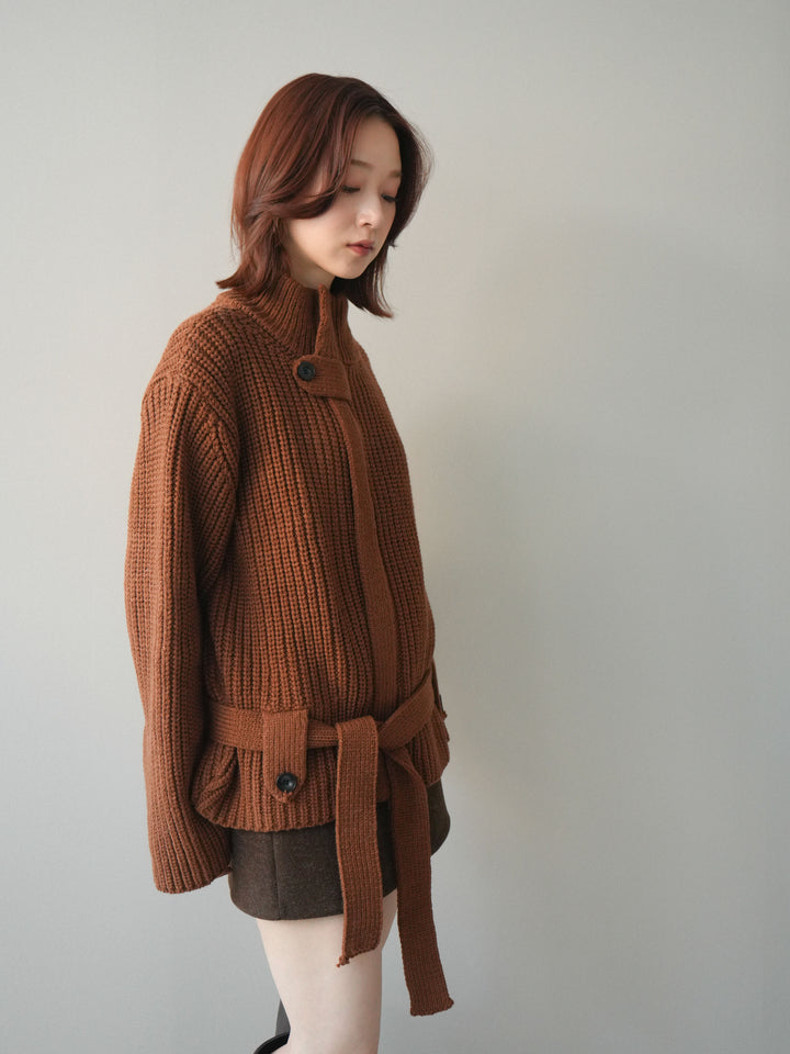 [SET]畦編みボトルネックZIPニットカーディガン+ウールタッチベルト付ミニスカート(2set)