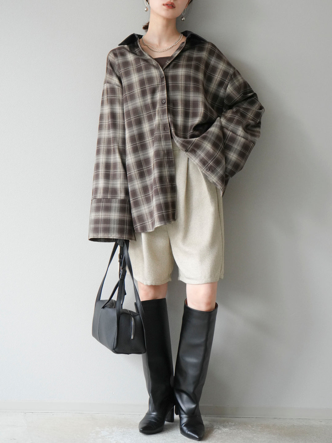 [SET]レザー襟オンブレチェックオーバーシャツ +ツイードハーフパンツ(2set)