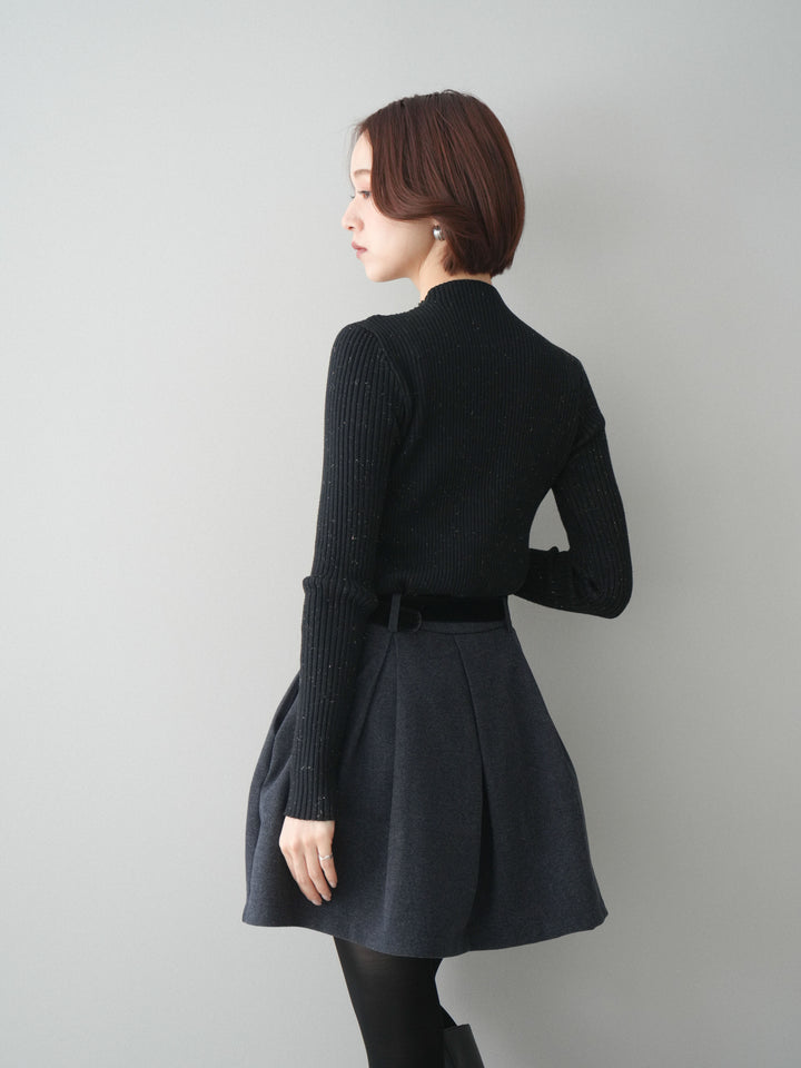 [SET]シアー切替スパンコールリブニットトップス+ベルト付きタックミニスカート(2set)