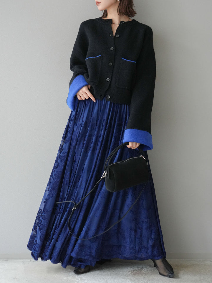 [SET]バイカラーオーバーニットカーディガン+アンティーク柄フロッキーマキシスカート(2set)