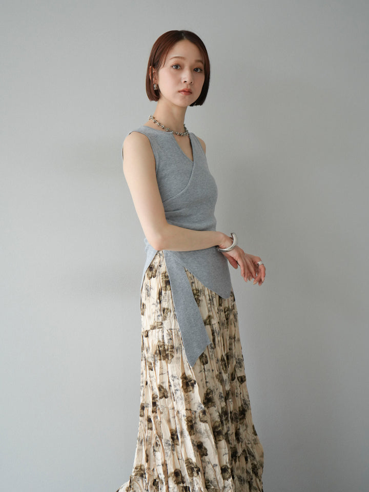 [SET]カシュクールノースリーブニットトップス+フラワーワッシャーロングスカート(2set)