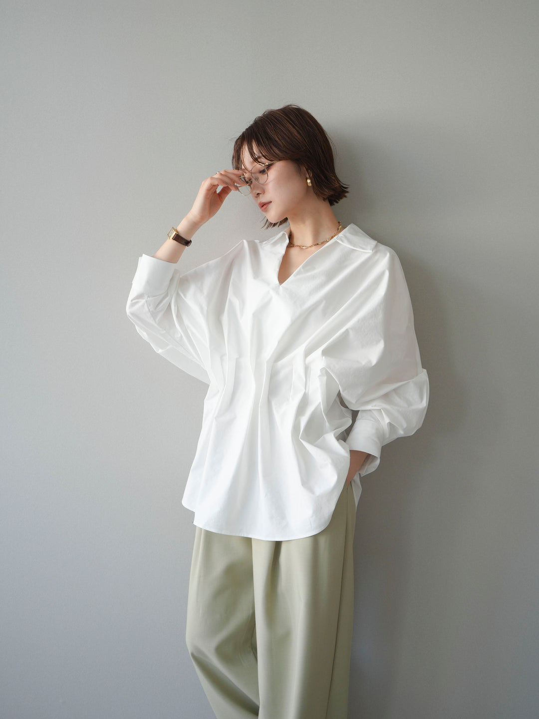 [予約]ウエストギャザースキッパーシャツ/white
